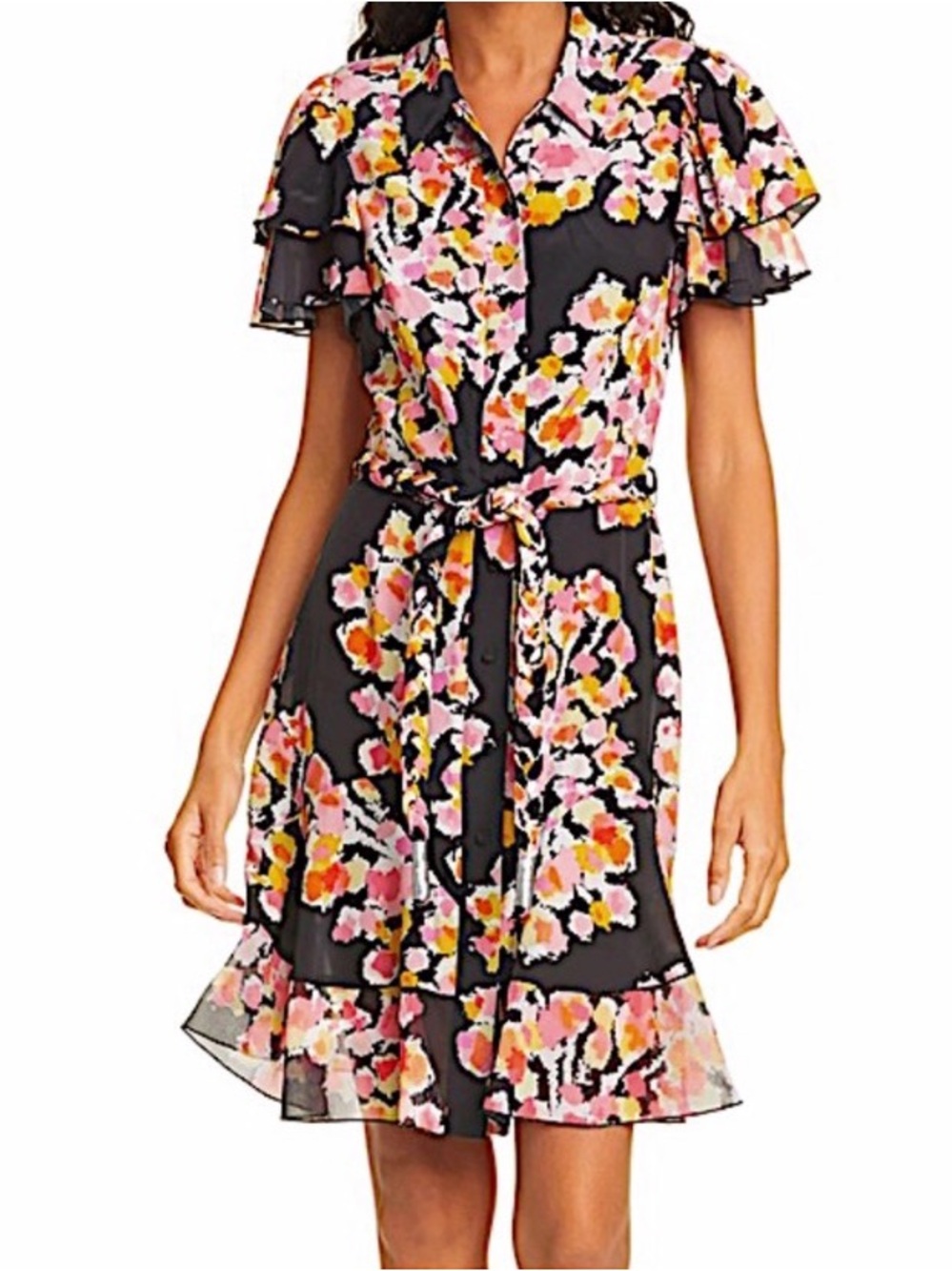 DYVNA Print Silk Shirtdress Floral Black Pink Yellow Women’s Size 6